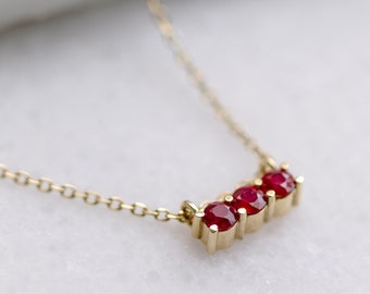 Ruby Necklace in Solid Gold 14K - 3 Red Stone Ruby Bar Necklace Layered for Her - July Birthstone Birthday Gift for Her GN00046