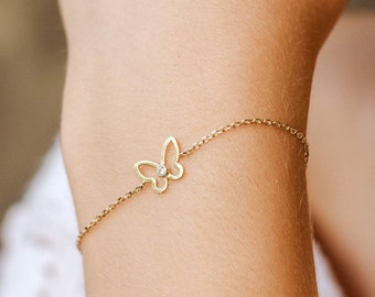 14K Gold Butterfly Bracelet - Delicate Gold Bracelet with Diamond - Everyday Jewelry Birthday Gift for Her - Kyklos Jewelry GB00011