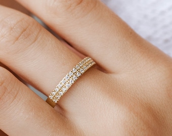 Double Diamond Pave Wedding Band 14K Gold Ring - Half Eternity Ring for Women Stacking Wide Chunky Anniversary Ring GR00134