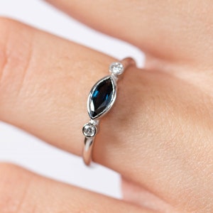 Blue Sapphire Ring 14K White Gold Marquise Cut Bezel Set - Modern Engagement Ring Genuine Sapphire Diamond 3 Stone Ring - GR00287