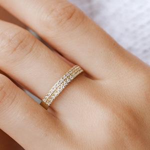 Double Diamond Pave Wedding Band 14K Gold Ring - Half Eternity Ring for Women Stacking Wide Chunky Anniversary Ring GR00134