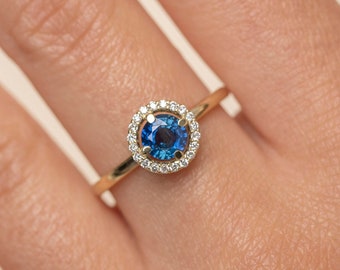 Blue Sapphire Halo Engagement Ring with Brilliant Diamonds - Handcrafted in 14K Solid Gold, Blue Gemstone Proposal Ring for Women GR00278002