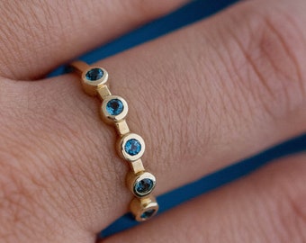 14K London Blue Topaz Ring - Gold Wedding Band - 5 Stone Bezel Ring Stacking Geometric - Anniversary Gift for Her  GR00032