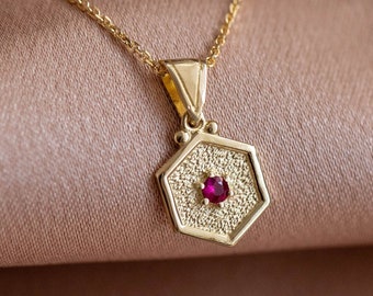 Ruby Pendant 14K Gold Hexagon - Natural Ruby Gemstone Necklace for Women - July Birthday Gift GN00053