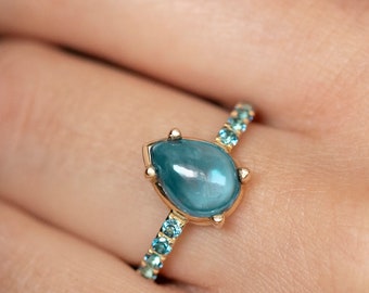 Swiss Blue Topaz Ring Engagement 14K Gold Pear - Statement Natural Gemstone Ring for Women GR00437