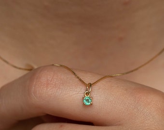 Emerald Necklace Solitaire 14K Gold 3mm - Minimalist Solid Gold Green Pendant - May Birthday Gift for Her - GN00097-002