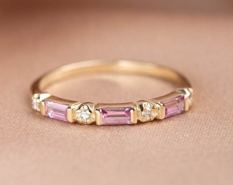 Pink Sapphire Baguette Ring 14K Gold Diamond - Half Eternity Wedding Band - Kyklos Jewelry GR00247