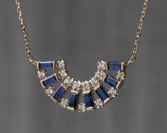 Blue Sapphire Necklace Baguette 14K Gold Art Deco with Diamonds - Statement Half Circle Necklace for Women - Anniversary Gift GN00026