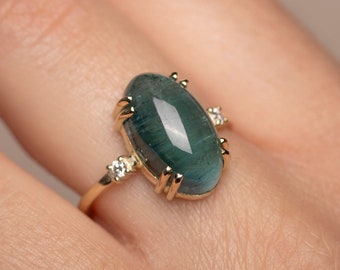 Natural Green Tourmaline Engagement Ring Diamond Unique Oval - Statement Wedding Ring 14K Gold - GR00488