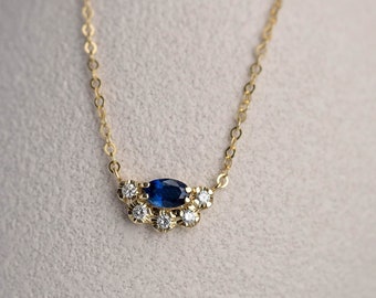14K Gold Oval Blue Sapphire Necklace with Diamond Cluster GN00193