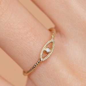 Evil Eye Ring 14K Gold for Women Diamond - Delicate Stacking Dainty Solid Gold Ring - Kyklos Jewelry - GR00043