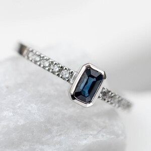 Sapphire Engagement Ring Pave Diamonds White Gold 14K - Blue Sapphire Emerald Cut Wedding Ring Bezel Set - GR00258