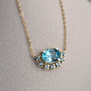 Swiss Blue Topaz Necklace Oval 14K Gold - Art Deco Gemstone Necklace for Women - December Birthday Gift - Kyklos Jewelry GN00191-001