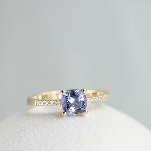 Blue Sapphire Engagement Ring 14K Gold 1 ct Cushion - Pave Diamond Wedding Ring - Ceylon Unheated Sapphire GR00417