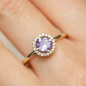 Lavender Sapphire Engagement Ring: 14K Gold Diamond Halo