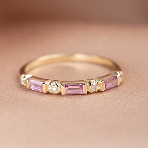 Pink Sapphire Wedding  Ring 14K Gold Diamond - Half Eternity Baguette Band - Kyklos Jewelry GR00247