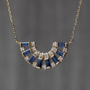 Art Deco Blue Sapphire Necklace: 14K Gold Diamond Half Circle Pendant
