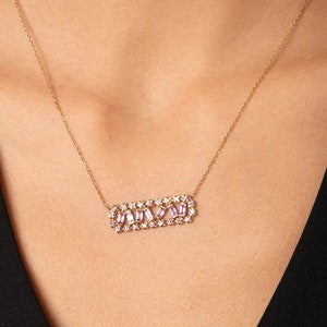 14K Gold Pink Sapphire Baguette Necklace: Art Deco Gemstone
