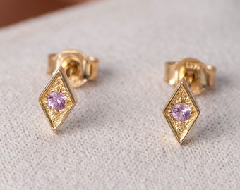 Pendientes de zafiro rosa cuadrados de oro de 14 quilates - Pendientes rectangulares de piedras preciosas para niñas y mujeres GE00055