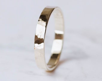 His and Hers Rustic Hammered Flat Wedding Band 14K Gold - Couples Wedding Band Mens Ring - Kyklos Jewelry GR00183