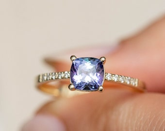 Blue Sapphire Engagement Ring 14K Gold 1 ct Cushion - Pave Diamond Wedding Ring - Ceylon Unheated Sapphire GR00417