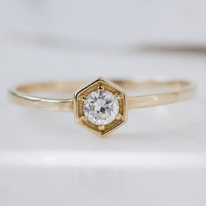 Hexagon Engagement Ring 14K Solid Gold - Delicate Diamond Ring For Her Solitaire GR00035