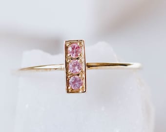 Pink Sapphire Ring for Women Vertical Bar 14K Gold Minimalist Modern Simple Ring - Kyklos Jewelry - Gift for Her  GR00306