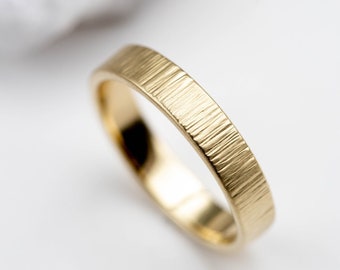 Mens Wedding Band Ring 14K Gold His and Hers Ring - Textured Smooth Edges Comfort Fit Flat Ring - GR00148