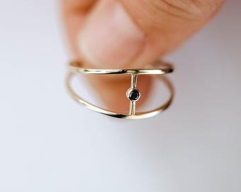 Double Band Black Diamond Ring 14K Solid Gold - Dainty Modern Ring for Women by Kyklos Jewelry GR00001