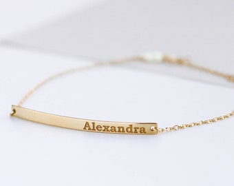 Custom Bar Bracelet 14K Solid Gold Personalized Engraved - Custom Name Coordinates Nameplate Bracelet - Gift for Her GB00030