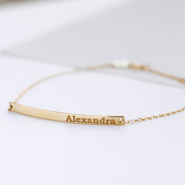 Custom Bar Bracelet 14K Solid Gold Personalized Engraved - Custom Name Coordinates Nameplate Bracelet - Gift for Her GB00030