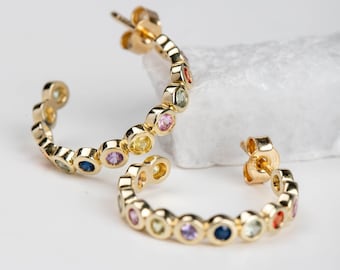 Rainbow Sapphire Hoop Earrings 14K Gold - Bezel Multi Sapphire Eternity Hoops Solid Gold for Women - Gift for Her - GE00082