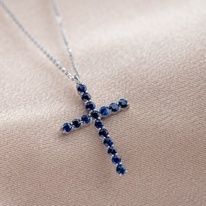 Blue Sapphire Cross Pendant Necklace 14K Solid White Gold for Women - Birthday Gift for Her GN00126