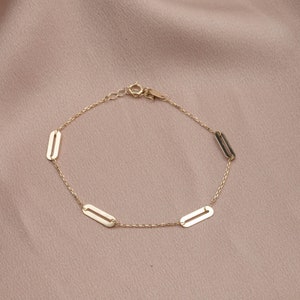 14K Solid Gold Paperclip Bracelet: Delicate Rectangle Chain