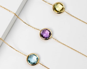 Gemstone Bracelet Gold 14K - Amethyst Quartz Topaz Onyx Dainty Chain Bracelet - Choose Gemstone - February Birthstone Gift for Her GB00003