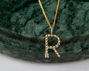 Diamant Initial Halskette 14K Gold - Buchstabe Alphabet Anhänger Massivgold Personalisiert - Geburtstagsgeschenk für Sie GN00109