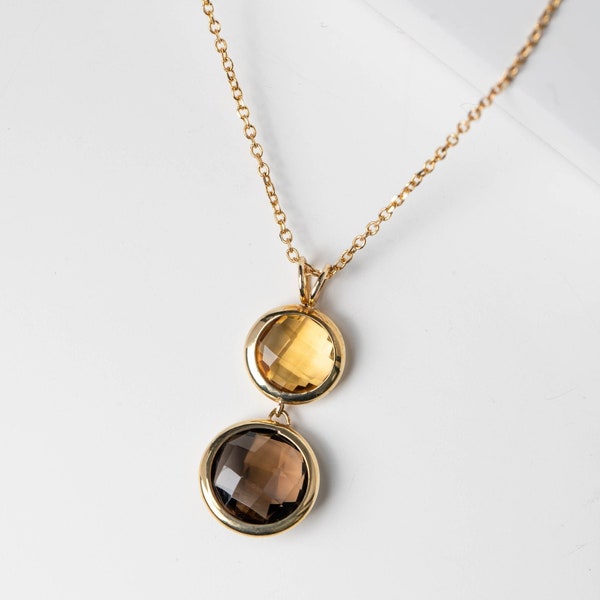 Citrine and Smoky Quartz Necklace in 14K Solid Gold Natural Gemstone Round Double Minimalist Brown Yellow Stone Kyklos Jewelry GN00021-005