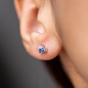 Blue Sapphire Stud Earrings Baguette Diamonds 14K White Gold - Small Gemstone Studs Solid Gold - Minimal Everyday Fine Jewelry GE00071