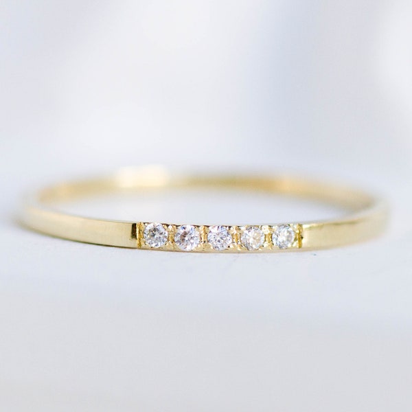 Simple Diamond Wedding Band 14K Gold - Dainty Stacking Diamond Pave Ring for Women - Bridal Jewelry GR00018