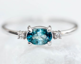 Bague de fiançailles avec zircon naturel bleu sarcelle, diamants ovales brillants, or blanc 14 carats pour femme - GR00289