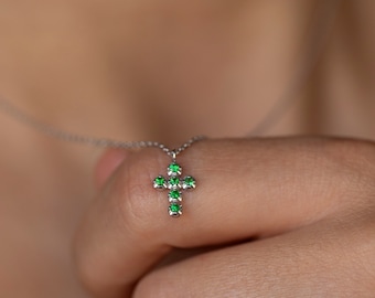 14K White Gold Cross Necklace Tsavorite - Green Garnet Small Cross Pendant -  GN00190-002