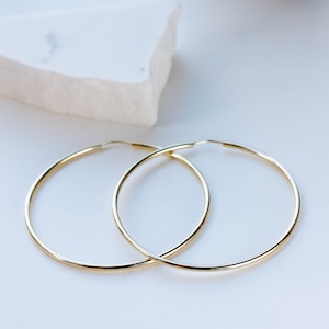 Solid Gold Hoop Earrings - 14K Gold Hoops Large Big Everyday Simple Minimalist Sizes 40mm 60mm 75mm - Gift for Her GE00064-66
