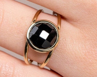 Black Onyx Double Band Ring 14K Solid Gold for Women Genuine Modern Kyklos Jewelry GR00010