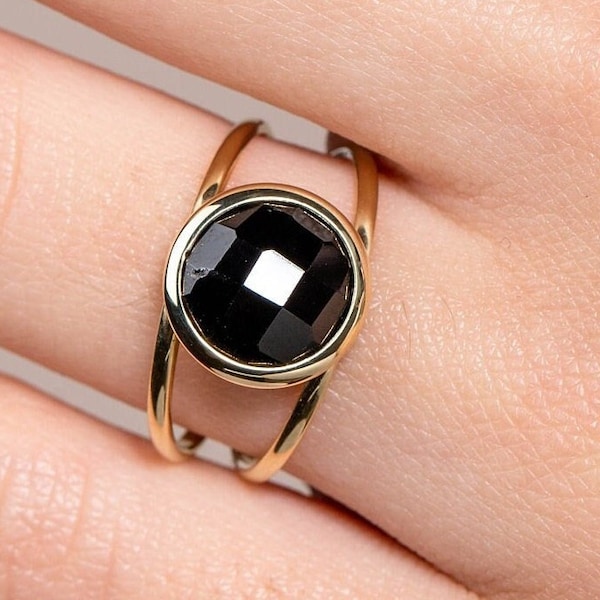 14K Solid Gold Black Onyx Double Band Ring, Modern Design GR00010