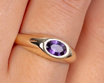 Natural Purple Sapphire Dome Ring 14K Gold - Statement Signet Chunky Gemstone Ring for Women - GR00139