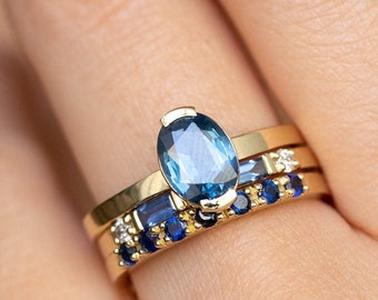 Blue Sapphire Engagement Ring Set 14K Gold Oval - Natural Sapphire Diamond Solitaire Ring and Wedding Bands - GR00028-61-62