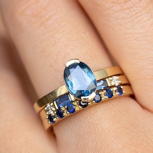 Blue Sapphire Engagement Ring Set 14K Gold Oval - Natural Sapphire Diamond Solitaire Ring and Wedding Bands - GR00028-61-62