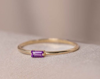 Amethyst Ring 14K Solid Gold Baguette - Natural Purple Gemstone Minimalist Dainty Ring - GR00408-005