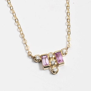 Pink Sapphire Necklace 14K Gold Diamonds Baguette for Women - Genuine Gemstone Necklace GN00169