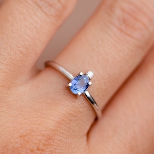 Vivid Oval Blue Sapphire Engagement Ring Modern 14K White Gold Diamond - Blue Sapphire Dainty Ring for Women - GR00295
